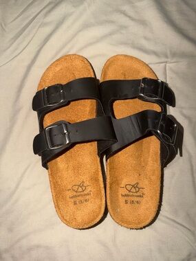 Bobbie Brooks Black Slide Sandals with Tan Footbed
